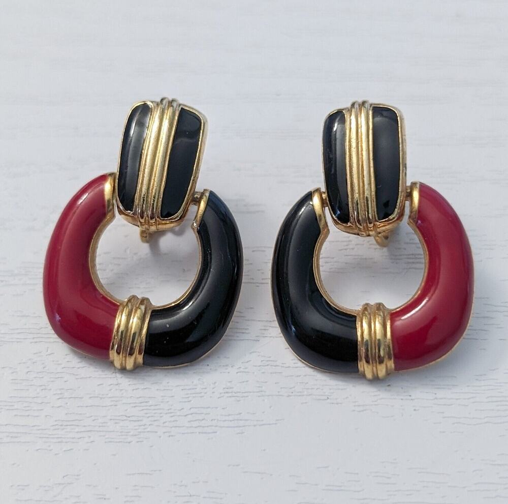 Vintage Clip On Earrings - Statement Red, Black, Gold Tone Earrings